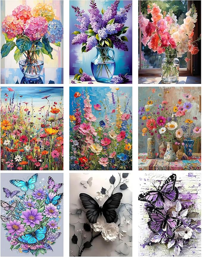 Meothan 9 Pack Diamond Art Kits for Adults, Flowers Diamond Painting Kits for Adults, 5D DIY Round Drill Gem Art Paint with Diamonds Dots Crafts Ste for Home Decor Gift 12x16inch