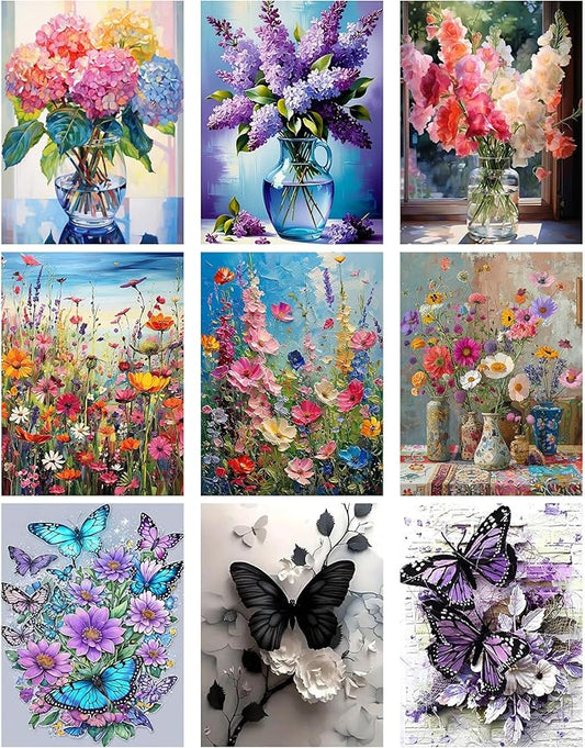 Meothan 9 Pack Diamond Art Kits for Adults, Flowers Diamond Painting Kits for Adults, 5D DIY Round Drill Gem Art Paint with Diamonds Dots Crafts Ste for Home Decor Gift 12x16inch