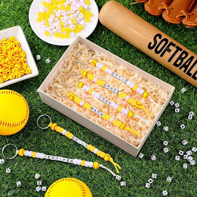 Landical 564 Pcs DIY Bead Keychain Kit Key Chain Making Craft Adjustable Letter Beads String Mama Sport Gift Alphabet Jewelry Backpack Accessories Holiday Party Favor(Softball,Yellow White)