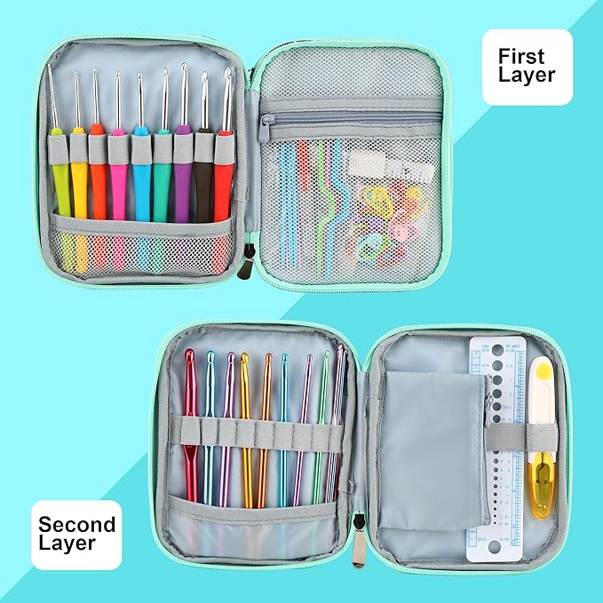LOOEN Crochet Hook Case with Zipper and Web Pockets for Crochet Needles/Knitting Accessories - Lightweight Organizer Bag for Crochet Hook Kit Tools