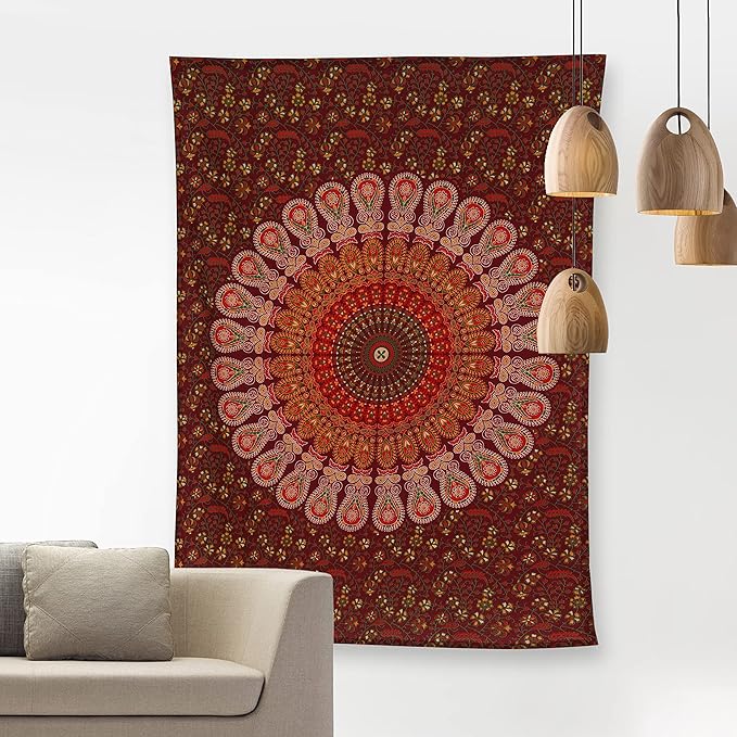 bless international handmade indian hippie bohemian psychedelic peacock mandala wall hanging college dorm beach throws table cloth bedding tapestry (maroon yellow, poster(30x40inches)(76x101cms))