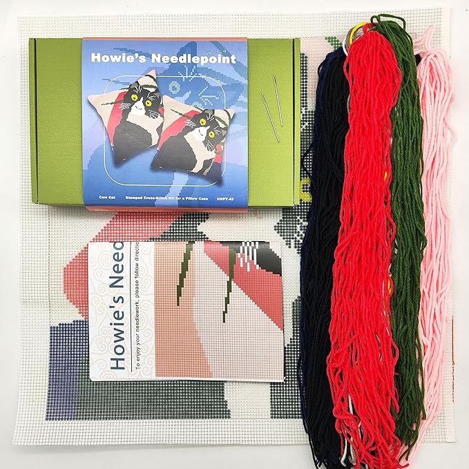 Howie's Needlepoint Needlepoint Kits for Adults, Pillow Front Cross Stitch Kit with Embroidery Pattern on Canvas, Yarn, 2 Needles and Instruction, 16 x 16inch(Cow Cat)