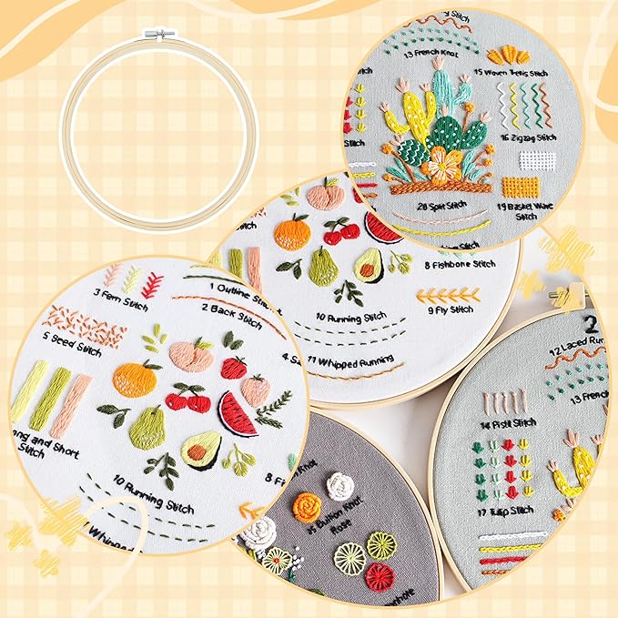 useamie 4 pack embroidery kit, adult cross stitch kit, suitable for embroidery beginners, with printed embroidery patterns, 7.9 inch embroidery hoop, complete with embroidery thread and needle tools