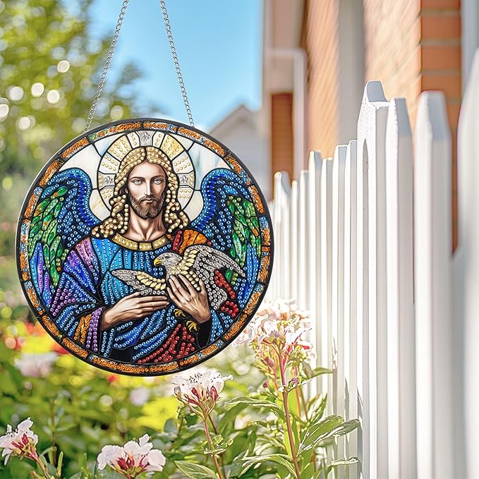 Wergund 5D DIY Jesus Diamond Art Hanging Kits, Hanging Diamond Art Religion, Acrylic Special Shaped Rhinestone, Window Hanging Pendants for Home Wall Garden Front Door Outdoor Decor Gift(Jesus)