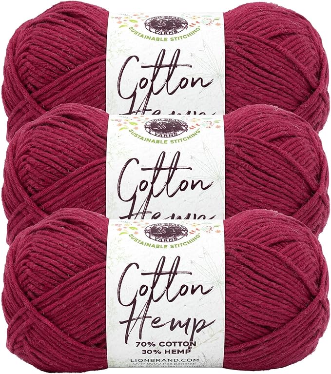 Lion Brand Yarn Cotton Hemp, Soft, Durable Yarn for Crochet and Knitting, 3 Pack, Raspberry