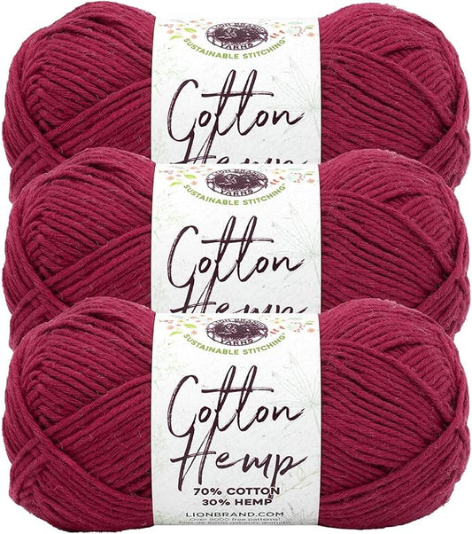 Lion Brand Yarn Cotton Hemp, Soft, Durable Yarn for Crochet and Knitting, 3 Pack, Raspberry