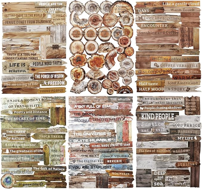 Wood Grain Embossed Sticker Card Set – 150pcs Vintage English Lettering with Warm Nature Theme for Scrapbook Journal Planner Tags DIY Craft Decoration