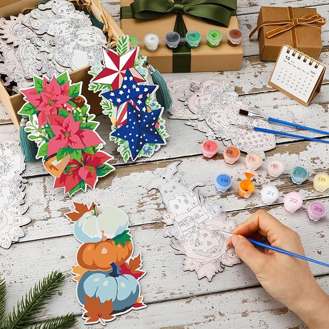 Kosiz 12 Pcs Easter Paint by Numbers Kit for Adults Holiday Wood Bookmark Painting Decor Spring Beach Mini Paint by Numbers Tassels Blank Bookmarks Craft for Summer Small DIY Book Lovers Gift 7x2