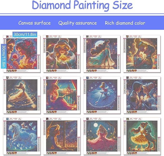KEYRANKE 12 Pack Diamond Painting Kits for Adults 5D DIY Princess Diamond Art Kit Paint with Round Full Drill Diamonds for Beginners Gem Paintings Art for Home Wall Decor Gifts(12X12 Inch)