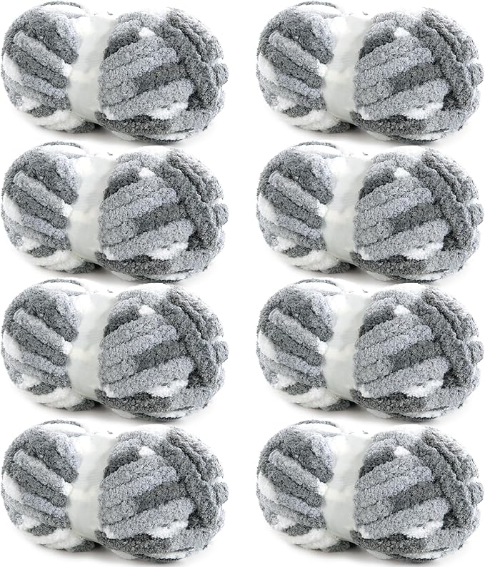 HOMBYS Chunky Tie Dye Mix Chenille Yarn for Hand Knitting, Super Bulky Jumbo Yarn for Crocheting, 3/4" Thick Soft Plush Yarn for Blankets, 8 Skein Pack (26 yds / 7.5 oz Each) Dark Grey Grey White