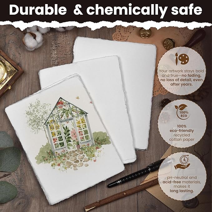 LEATHER VILLAGE Watercolor Paper- 6 X 4 inches - 25 Sheets Watercolor Paper for Drawing, Sketching, Painting & Crafts - 150 GSM Thick Deckle Edge Virgin Cotton Handmade Paper - White