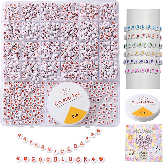 nikkiGuo 1250pcs 4x7mm White Round Acrylic Alphabet Beads A-Z Heart Beads with Numbers Crystal Line for Jewelry Bracelet, Necklace and Key Chains (Orange White Color)