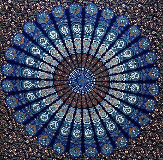 bless international handmade indian hippie bohemian psychedelic peacock mandala wall hanging college dorm beach throws table cloth bedding tapestry (blue green, twin(54x72inches)(140x185cms))