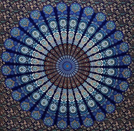 bless international handmade indian hippie bohemian psychedelic peacock mandala wall hanging college dorm beach throws table cloth bedding tapestry (blue green, twin(54x72inches)(140x185cms))