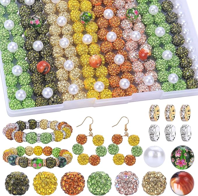 AIPRIDY Jewelry Making Beads Set, 300 PCS 10mm Rhinestone Clay Beads, 8mm Mixed Color Spacer Beads with Pearl and Floral Beads for DIY Jewelry Making (Green + Orange + Lemon)