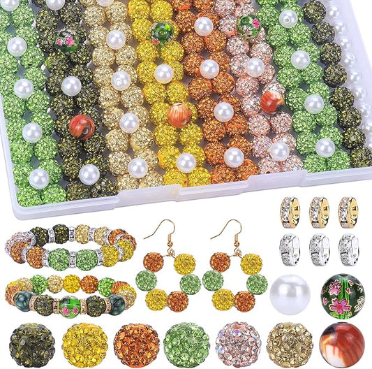 AIPRIDY Jewelry Making Beads Set, 300 PCS 10mm Rhinestone Clay Beads, 8mm Mixed Color Spacer Beads with Pearl and Floral Beads for DIY Jewelry Making (Green + Orange + Lemon)