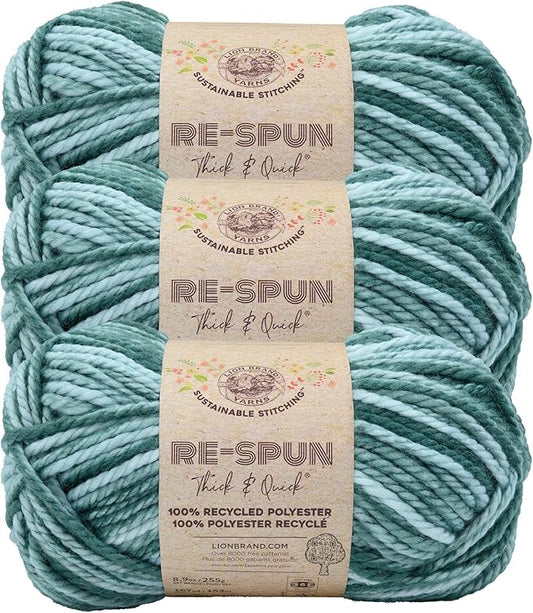Lion Brand Yarn, Re-Spun Thick & Quick Super Bulky Yarn for Knitting, Crochet, and Crafts, Mint Julep, 3 Pack, Variegated Fiber for Chunky Blankets, Bulky Throws, and Cozy Sweaters