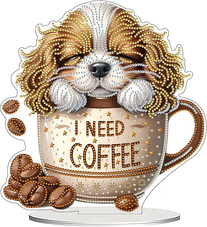 JJFox DIY Tabletop Diamond Art Painting Kit，Desktop Ornament Special Shaped Rhinestone Desk Placement Ornament，Home Stand Up Gem Painting Craft Kit Gift Double Sided (Coffee Dog)