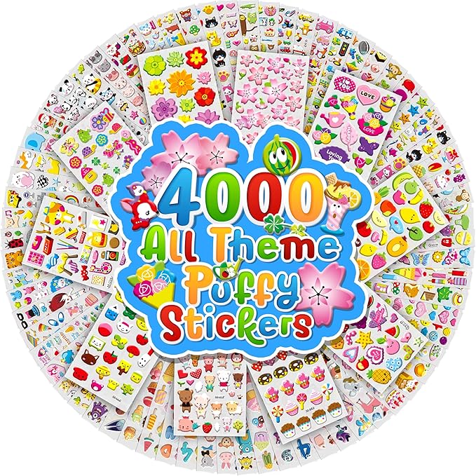 puffy stickers for toddlers,4000+ cute 3d sticker,80 different sheets of kawaii-stickers for kids girls boys, small tiny animal stickers bulk for party favors, teachers reward, scrapbooks craft