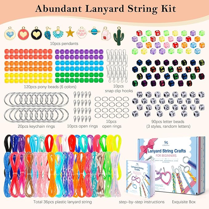 PP OPOUNT Gimp String Craft Kit, 318 PCS Lanyard String Kit with Beads, Pendants & Keychain Accessories, DIY Bracelet Making Kit for Friends, Christmas Gift & Holiday Craft Set