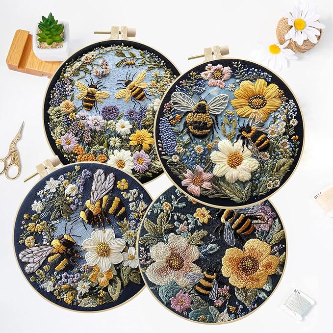 LB 4 Pack Yellow Bee Floral Embroidery Kit for Beginners Green Plant Beginner Embroidery Kit for Adults DIY Starter Kit with Embroidery Hoop Colorful Threads Tools Step by Step Instructions