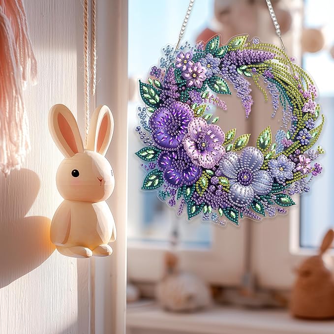 Eiflow Spring Diamond Art Hanging Kit for Adults, DIY Diamonds Painting Door Hanging Board Kit, Special Crystal Diamond Art Painting Pendant Ornament (Flower Wreath)