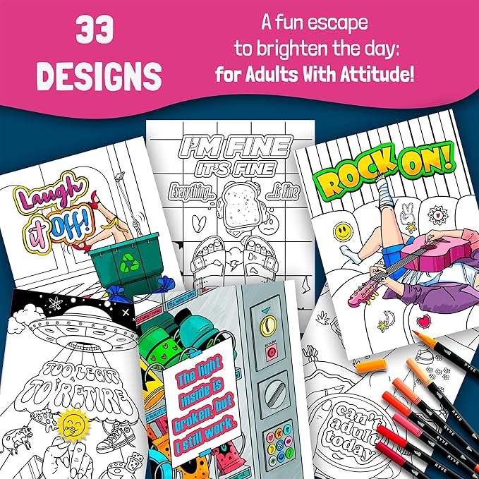 RYVE Adult Coloring Book Set for Adults Relaxation - Sassy & Funny Self Care Gifts for Women, Motivational Swear Word Coloring Book, Cancer Care Gifts Chemo Care Package for Women, 24 Markers Included