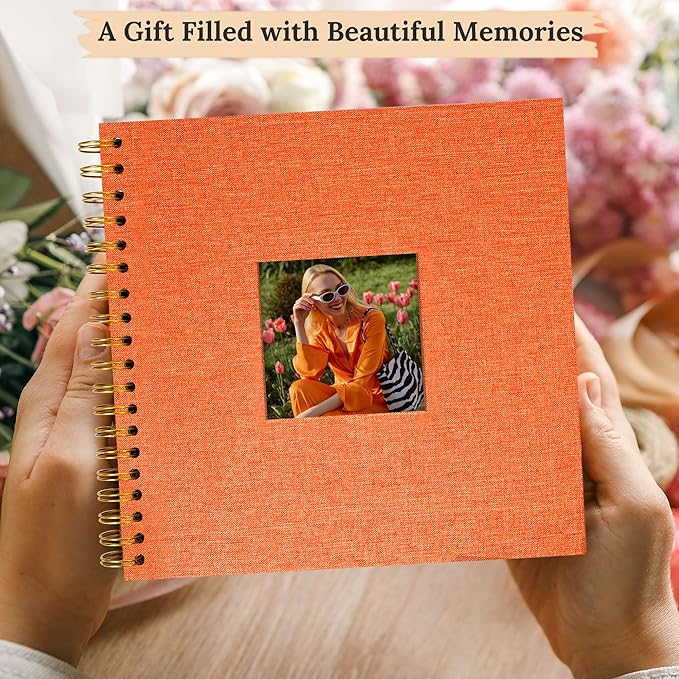Scrapbook Photo Album Linen Cover, 8 x 8 Inch Hardcover Kraft White Pages Memory Book, for Travel Wedding Guest Book Christmas Baby Shower (20 Sheets/ 40 Pages,Orange)