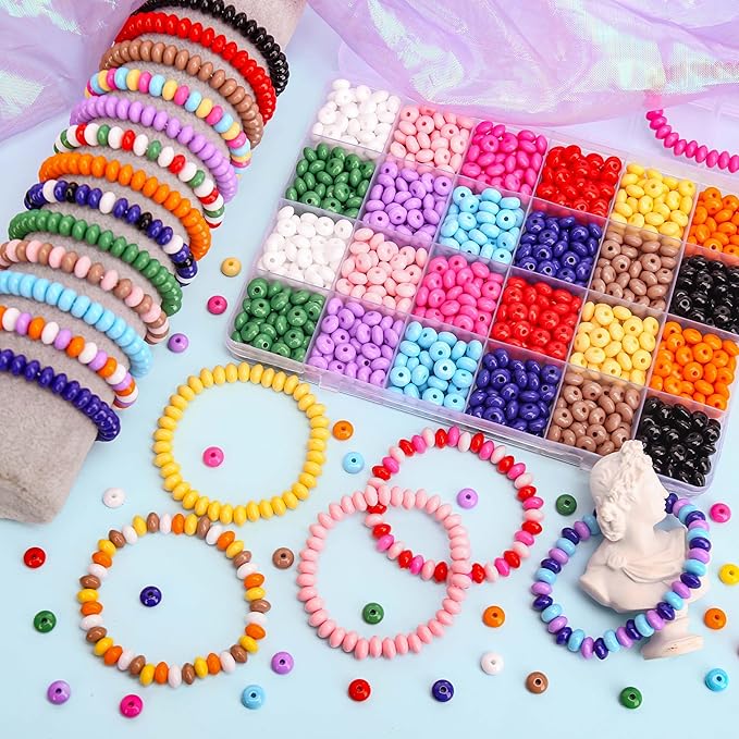 BONNY BOXX 1200PCs Acrylic Rondelle Beads Set, 4 * 8mm Colorful Flat Round Abacus Disc Spacer Beads, 12 Assorted Colors for DIY Jewelry Making, Bracelets, Necklaces, Earrings, Crafts Supplies
