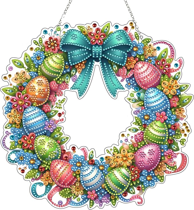 DIY Diamond Art Painting Wreath Kits，Special Shaped Rhinestone Hanging Ornament Diamond Art Window Pendants for Gift Home Garden Wall Hanging Kits,Double Sided (Easter Wreath)