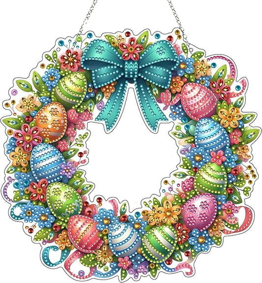 DIY Diamond Art Painting Wreath Kits，Special Shaped Rhinestone Hanging Ornament Diamond Art Window Pendants for Gift Home Garden Wall Hanging Kits,Double Sided (Easter Wreath)