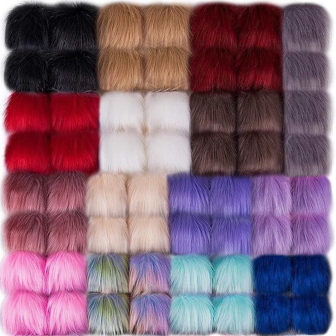 SIQUK 60 Pieces Faux Fur Pom Pom for Hats Fluffy Fox Pom Pom with Elastic Loop for Knitting Hats Beanies Scarves Gloves Keychains Bags（15 Colors, 4 Pcs/Color）