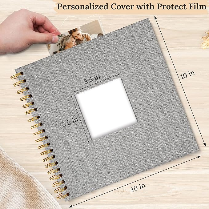 Scrapbook Photo Album Linen Cover, 10 x 10 Inch Hardcover Kraft White Pages Memory Book, for Travel Wedding Guest Book Christmas Baby Shower (40 Sheets/ 80 Pages,Grey)