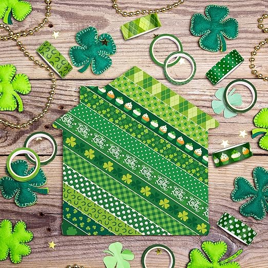 Whaline 12 Rolls St. Patrick's Day Washi Tape Green Shamrock Washi Masking Tapes 15mm Clover Plaids Lucky Holiday Paper Tape Sticker for Irish Party Scrapbook Gift Packing DIY Craft Decor, 16.4Ft