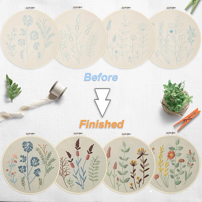 bonroy 4 sets embroidery kit for beginners,embroidery kit for art craft handy sewing include embroidery clothes with pattern,embroidery hoops, instructions,color threads needle kit (multi 5)