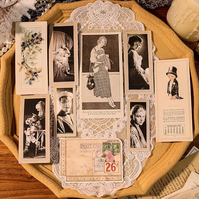 CATaireen Vintage Junk-Journal Mixed Paper Scrapbooking Embellishments Set Retro Journaling Decoupage Stickers Textured Packaging Decorative Cards Tags Kit (Old Photos 2)