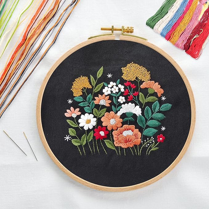 MAMUNU Canvas Tote Bag Embroidery Kit with Pattern for Beginners, Arts and DIY Crafts Kits for Adults, Include Instructions Embroidery Bag, Embroidery Hoops, Color Threads and Tool (Black)