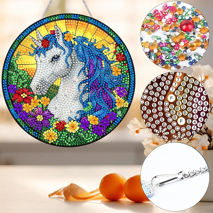 Bimkole Horse Diamond Art Hanging Kit for Adult, DIY 5D Diamond Art Flower Window Pendant, Acrylic Crystal Art Hanging Ornament Home Wall Garden Front Door Sign Outdoor Decor 7.8x7.8 Inch
