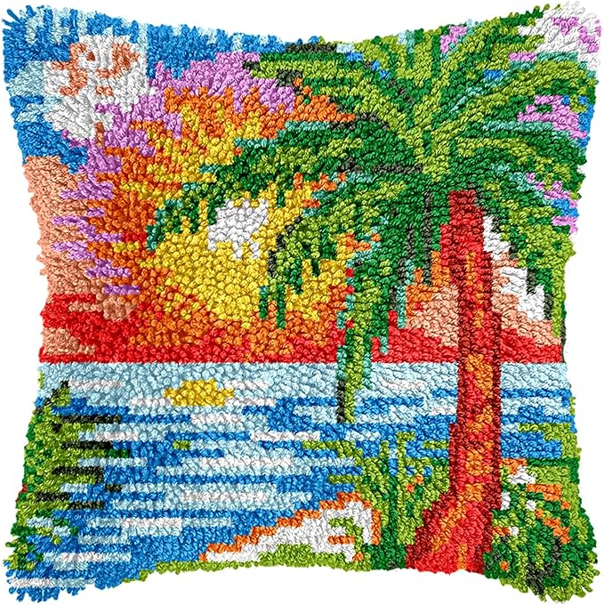 Manzapu Latch Hook Pillow Kits for Adults Beginners, 43cm*43cm Home Decor Pillow Cover Making Kit with Crochet Tool ＆ Precut Yarns and Coded Canvas Christmax Halloween Craft Gifts for Women Mom