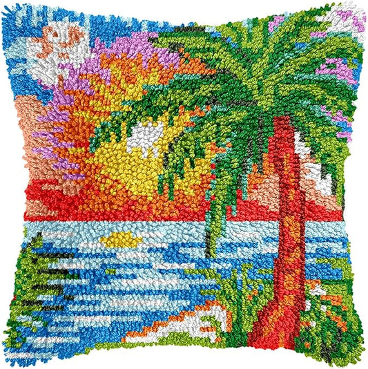 Manzapu Latch Hook Pillow Kits for Adults Beginners, 43cm*43cm Home Decor Pillow Cover Making Kit with Crochet Tool ＆ Precut Yarns and Coded Canvas Christmax Halloween Craft Gifts for Women Mom