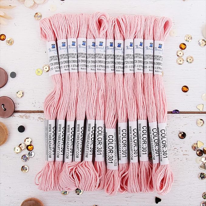 12 Skeins ThreadArt Premium Egyptian Long Fiber Cotton Embroidery Floss | Very Light Pink | 6 Strand Divisible Thread 8.75yds Each for Hand Embroidery, Friendship Bracelets, Cross Stitch and Crafts