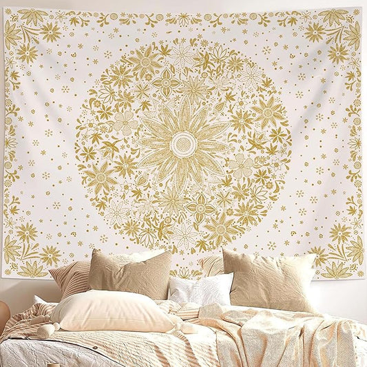 neasow bohemian tapestry wall hanging, yellow floral tapestry with dotted daisy medallion print bedroom boho hippie home decor, 60x80 inches