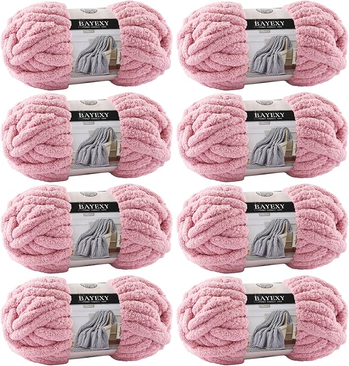 Chunky Chenille Yarn for Hand Knitting 8 Jumbo Pack Jumbo Chunky Yarn for Hand Soft Blanket Knitting, Bulky Thick Fluffy Yarn for Crocheting (Leather Pink)