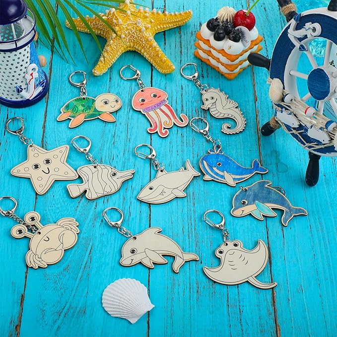 Trnayi 36 Pcs Sea Life Unfinished Wooden Keychains Color Your Own Unfinished Wooden Crafts Blank Wood Painting DIY Crafts for Home Activities Arts Project Decoration