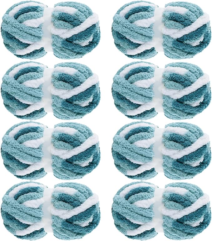 MABOZOO Tie Dye Chunky Yarn 8 Pack, Blue White Multi Fluffy Jumbo Chenille, Soft Plush Bulky, Giant Thick Fuzzy Yarn for Crocheting, Hand or Arm Knitting (26 yds, 7.5 oz Each Skein)