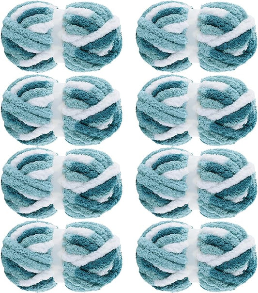 MABOZOO Tie Dye Chunky Yarn 8 Pack, Blue White Multi Fluffy Jumbo Chenille, Soft Plush Bulky, Giant Thick Fuzzy Yarn for Crocheting, Hand or Arm Knitting (26 yds, 7.5 oz Each Skein)