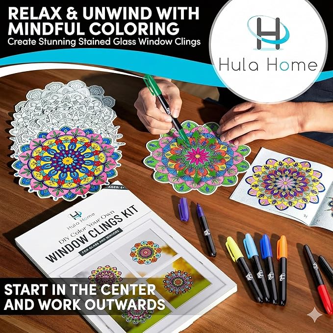 Hula Home Stained Glass Mandala Art Kit - DIY Window Clings with Markers, 10 Suncatchers - Perfect Hobby for Adults, Kids, Teens & Seniors - Ideal Gift for Beginners, Women & Elderly