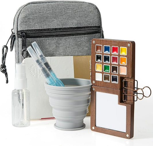 Mini Paint Palette Travel Kit - 15-Colors Pocket Artist Water Color Travel Set with Crossbody Bag, Watercolor Journal, Metal Clip, Paint Water Cup, Water Brush, Wooden Paint Box for Painters Artists