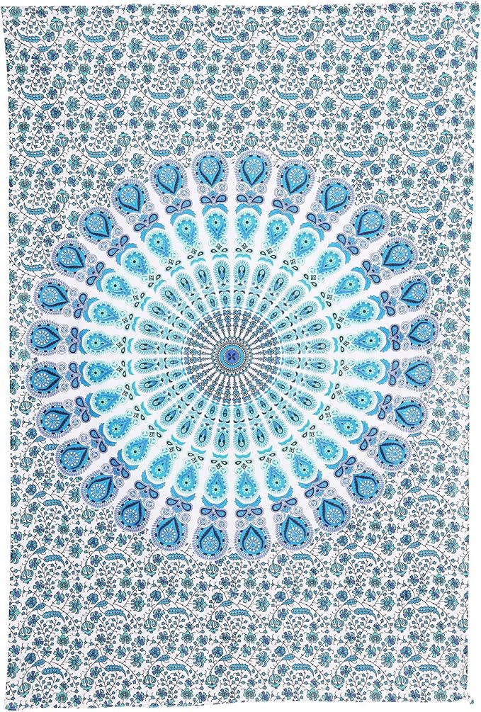 bless international handmade indian hippie bohemian psychedelic peacock mandala wall hanging college dorm beach throws table cloth bedding tapestry (peacock sky blue, twin(54x72inches)(140x185cms))