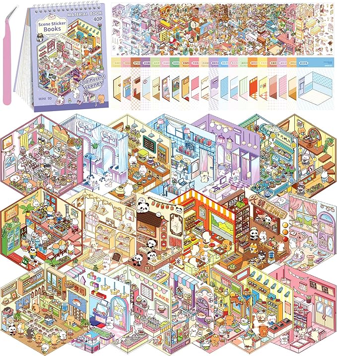 DIY 3D House Stickers, 20 Sets Fun DIY Stickers Scene Make Your Own Mini House Cute Cartoon Animal Scene Sticker for Kids Adult Sticker Art Relief Stress Pass The Time Holiday Christmas Fun